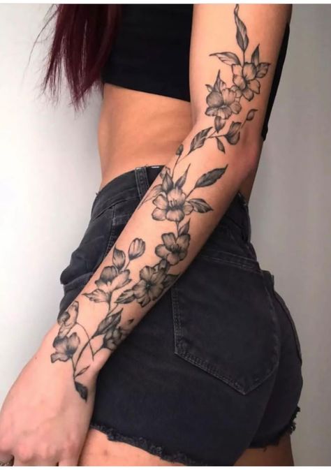 Floral Vine Wrapped Around Arm Tattoo, Black And White Vine Tattoo, Vine And Flower Tattoo Sleeve, Vine Sleeve Tattoos For Women, Flower Vine Tattoo Arm Sleeve, Flower Vine Tattoos, Vine Tattoo, Vine Tattoos, Four Arms