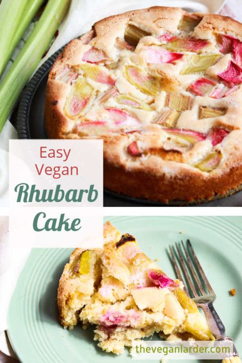 This delicious and easy to make vegan rhubarb cake recipe has fresh rhubarb for a fresh summery taste and uses aquafaba to bind it & keep it moist! #vegan #cake #rhubarb #recipe #aquafaba Vegan Rhubarb, Rhubarb Cake Recipes, Vegan Banana Bread Easy, Fresh Rhubarb, Vegan Baking Recipes, Rhubarb Cake, Vegan Cake Recipes, Vegan Banana Bread, Cake Vegan