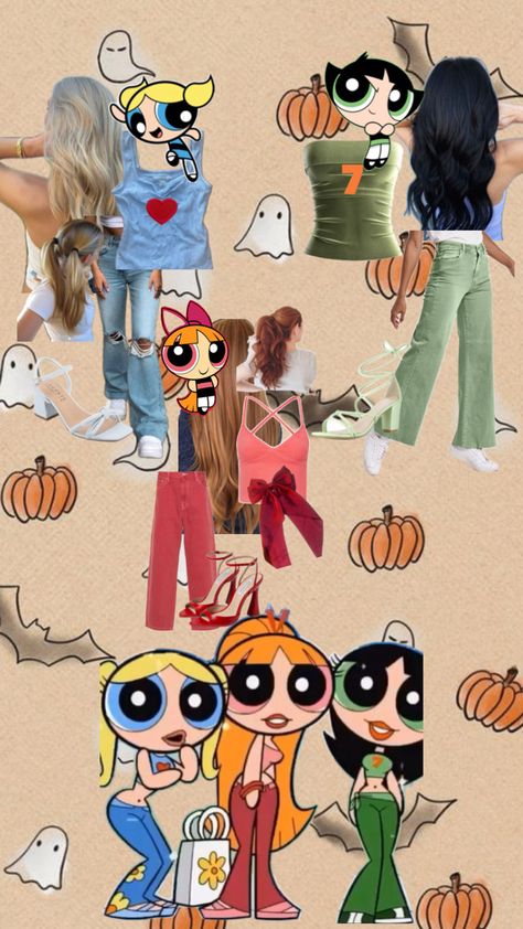 Halloween trio costume idea! Diy Halloween Costumes Trio, Trio Halloween Costumes For School, Simple Trio Halloween Costumes, 3person Halloween Costumes, Cute Three Person Halloween Costume, Trio Girl Halloween Costumes, 3 Person Halloween Costume Ideas, Powerpuff Girls Aesthetic Costume, Halloween Trio Ideas