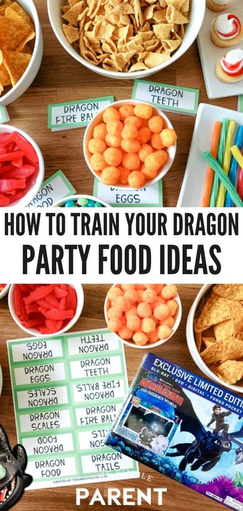 How to Train Your Dragon Party Food Ideas with free printable labels make it easy to plan a celebration or easy family movie night! Make an easy DIY snack table with these simple ideas! Get the How to Train Your Dragon 3 Walmart Exclusive DVD Gift Set at Walmart and start planning! #TrainYourDragonAtWalmart #Pmedia #ad Dragon Party Food Ideas, Diy Snack Table, Dragon Party Food, Httyd Party, Dragon Themed Birthday Party, Dragon Birthday Parties, Diy Snacks, Dragon Birthday, Party Food Ideas