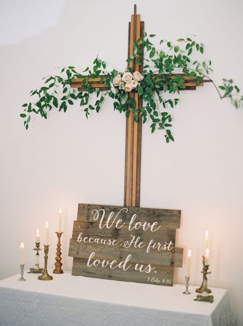 Wooden Cross With Flowers, Wedding Scripture, Cross With Flowers, California Winery Wedding, Cheap Wedding Decorations, Church Wedding Decorations, He First Loved Us, Montana Wedding, Catholic Wedding