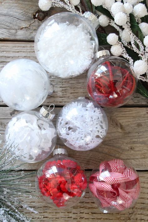 DIY Stuffed Clear Plastic Christmas Ornaments | The Happy Housie Plastic Ball Christmas Ornaments Diy, Christmas Ornament Balls Diy, Diy Fillable Ornaments, Diy Christmas Ornaments Clear Balls, Clear Ball Ornament Ideas, Fillable Ornament Ideas, Christmas Dates, Christmas Chronicles, Clear Christmas Ornaments