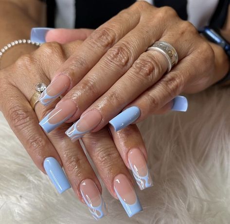 Blue Marble French Tip Nails, Light Blue Tips Nails, Cute Baby Blue Nails, Promotion Nails, Blue And White Nails, Baby Blue Nails, Blue Tips, Classic Nails, Blue Nail Designs