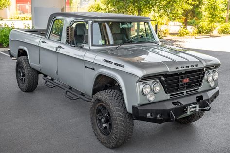 The beautiful 1964 Dodge Power Wagon Crew Cab Sweptline pickup is not what you think! Originally built in September 1963, the body was completely overhauled in 2016 and placed upon a shortened 2006 Dodge Ram 2500 Mega Cab 4x4 (DH) by ICON in Los Angeles, California before being sent to LaBrecque Autocraft of East Windsor, Connecticut to be completed. Dodge Dakota Lifted, Ram 2500 Mega Cab, Dodge Ram Power Wagon, Dodge Ram Crew Cab, Power Wagon For Sale, Baja Trucks, Dodge Brothers, Old Dodge Trucks, Keith Moon