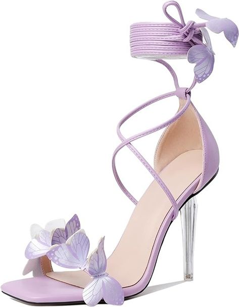 Amazon.com | Zamikoo Women's High Heel Sandals, Ankle Strap Strappy Lace Up Open Toe High Heel Butterfly Heels, Square Toe Clear Stiletto Heeled Sandals Purple Heels 4 Inches US Size 13 | Heeled Sandals Purple Shoes Heels, Butterfly Heels, Heels Strappy, Purple Heels, High Heeled Sandals, Ankle Strap Block Heel, Open Toe High Heels, Purple Shoes, Clear Heels