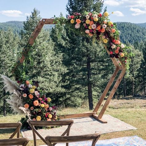 Hexagon Arbor, Hexagon Wedding Arch, Ceremony Floral Arrangements, Pink Orange Wedding, Hexagon Arch, Wedding Arch Decor, Wedding Flowers Decoration, Fall Bridesmaid, Hexagon Wedding