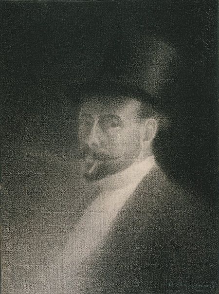 Charles Angrand (French, 1854–1926). Self–Portrait, 1892. The Metropolitan Museum of Art, New York. Robert Lehman Collection, 1975 (1975.1.566) | Charles Angrand was a visible presence in the Parisian avant-garde in the late 1880s and early 1890s. Here he presents himself, not at all as an artist, but as a bourgeois dandy, impeccably dressed and smoking a small cigar. #paris Charles Angrand, Joseph Ducreux, George Seurat, Value Drawing, Maurice De Vlaminck, Felix Vallotton, George Grosz, Conte Crayon, Georges Seurat