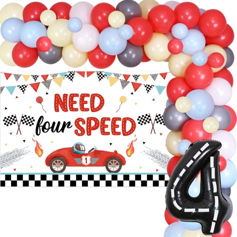 PRICES MAY VARY. Race Car 4th Birthday Party Decorations: Package includes 55*12 inches latex balloons(15 blue, 15 red, 10 yellow, 10 gray, 5 white), 15*5 inches latex balloons(5 blue, 5 red, 5 yellow), 1 “NEED four SPEED” backdrop 3.3*4.9ft, 1*40 inches racetrack number 4 foil balloon, 1 racing car foil balloon 24*43 inches, 2*18 inches checkered foil balloons, 1 balloon tape strip, 1 adhesive dots and 2 white ribbons 33ft. Need Four Speed Birthday Backdrop: Our race car themed backdrop is made Need Four Speed Birthday, Need Four Speed, 4th Birthday Party For Boys, Race Car Birthday Decorations, Race Car Themes, Balloons Arch, 4th Birthday Party, Car Birthday Theme, Race Car Party