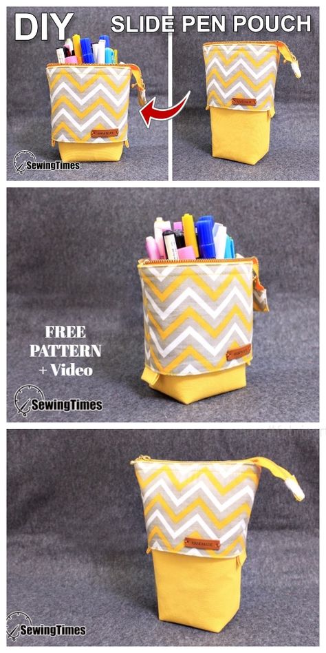 DIY Slide Down Standing Pencil Case Free Sewing Pattern + Video Stand Up Pencil Case Pattern, Fabric Pencil Case Pattern, Stand Up Pencil Case, Standing Pencil Case, Diy Pencil Case Pattern, Fabric Pencil Case, Pencil Case Sewing, Pencil Case Pattern, Diy Slides