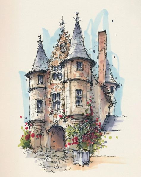 Albert Kiefer on Instagram: “Château d'Angers, France Inspired by photography from @alaingueranger. Photo used with permission. #sketch #mastersketchers #architecture…” House Sketcher, Albert Kiefer, Color Markers Art, Castle Sketch, Watercolor Pencil Art, Landscape Pencil Drawings, Castle Drawing, Watercolor House Painting, Urban Sketch