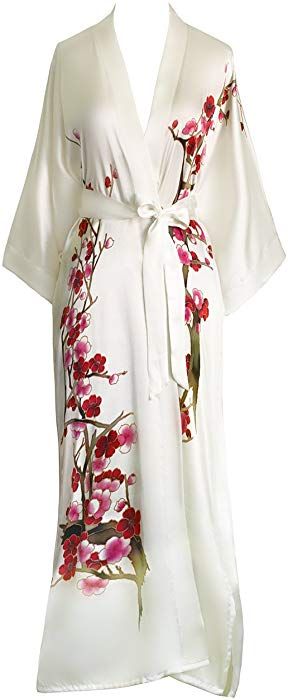 Old Shanghai Womens Silk Kimono Long Robe - Handpainted - Cherry Blossom White, One Size. at Amazon Women’s Clothing store: Cherry Blossom White, Long Silk Kimono, Silk Robe Long, Old Shanghai, White Kimono, Silk Kimono Robe, Long Kimono, Pretty Lingerie, Silk Kimono