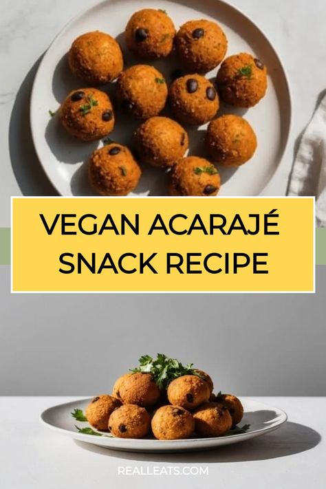 Vegan acarajé balls on a plate, with a recipe headline. Vegan Brazilian Recipes, Brazilian Snacks, Brazilian Recipes, Measuring Ingredients, Brazilian Food, Saute Onions, Snacks Recipes, Black Eyed, Black Eyed Peas