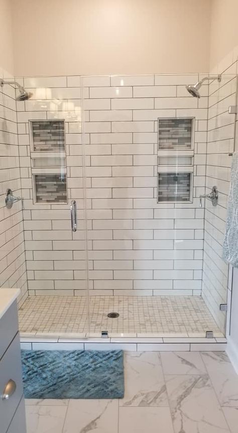 Shower Double Head Master Bath, Master Shower Double Shower Heads, Double Shower Head Bathroom, Double Walkin Shower Ideas, Bathroom Remodel Double Shower Head, Double Head Shower Master Baths, Large Double Shower Master Bath, Double Shower Dimensions, Double Head Walk In Shower Ideas