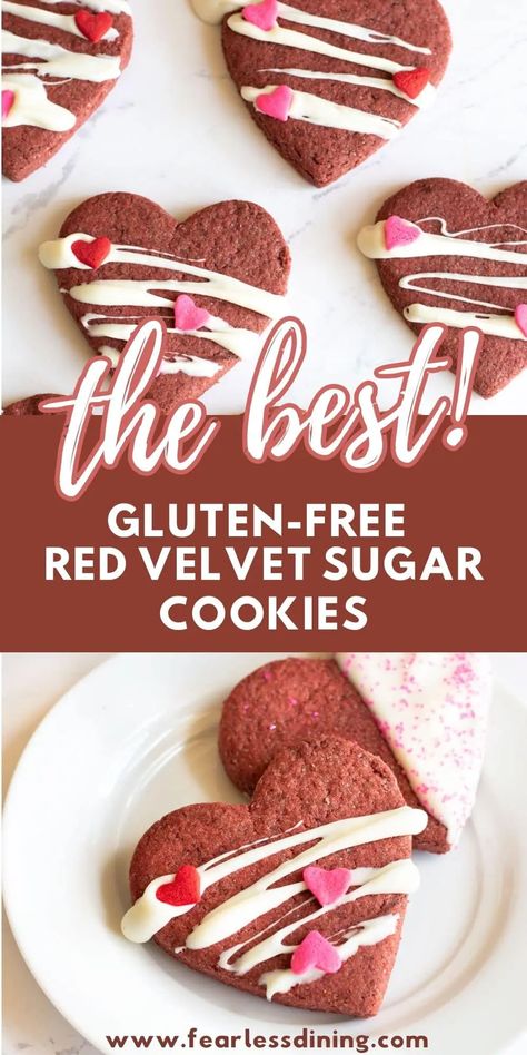 These delicious homemade gluten free red velvet cookies are perfect for Valentine's Day. Full of red velvet flavor, you can decorate these heart-shaped cookies with white chocolate and sprinkles. www.fearlessdining.com Gluten Free Valentines Cookies, Gluten Free Valentines Treats, Valentine Sugar Cookie Recipe, Red Velvet Sugar Cookies, Velvet Sugar Cookies, Gluten Free Red Velvet, Dairy Free Deserts, Gluten Free Valentines, Cookies With White Chocolate