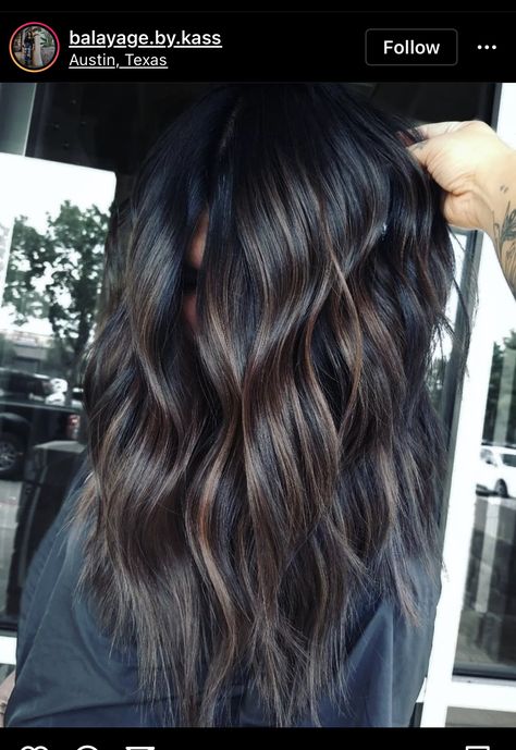 Fall Black Hair Color Ideas, Dark Espresso Hair Color With Highlights, Dark Cool Tone Balayage, Chocolate Brown Hair With Lowlights Fall, Partial Balyage Long Hair Brunettes, Brunette With Black Lowlights, Dark Hair With Dimension Balayage, 2023 Dark Hair Trends For Women, Dark Hair No Highlights