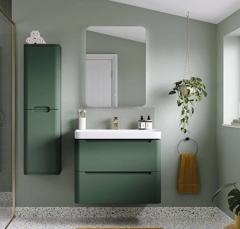 Green Bathrooms: 25 Stylish Ideas for Small Spaces | GoDownsize Tall Storage Unit, Wall Hung Bathroom Vanities, Green Vanity, Bathroom Store, Cloakroom Vanity Unit, Cloakroom Basin, Sage Green Walls, Basin Unit, Basin Vanity Unit