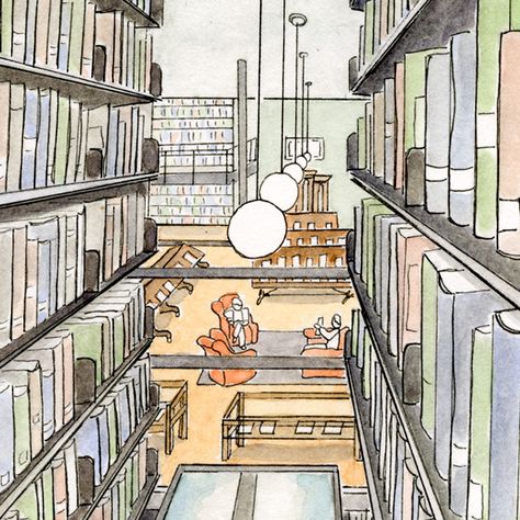 Library Drawing Reference, Library Room Drawing, Library Drawing Sketches, Library Building Illustration, Library Perspective Drawing, Library Room Drawing Sketch, Library Sketch, Sweet Sketches, Library Interior Perspective Drawing