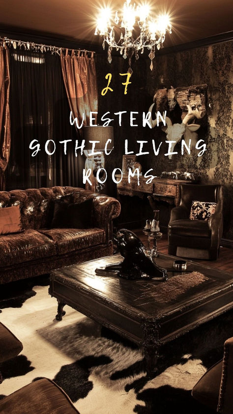 Uncover the magic of blending western and gothic decor with these 27 living room ideas! Ideal for creating a unique and mystical space. Click to dive into the world of dark elegance!🌌🛋️ #WesternGothic #LivingRoomDecor #UniqueSpaces #MysticalInteriors #DarkElegance Gothic Living Rooms Ideas, Dark Country Living Room, Gothic Inspired Living Room, Steam Punk Living Room Ideas, Soft Goth Living Room, Western Gothic Decor Living Room, Gothic Cabin Interior, Moody Family Room Cozy, Witchcore Home Decor