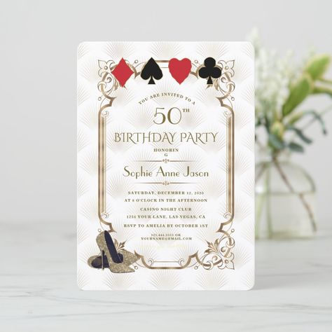 White Gold Art Deco Casino Vegas Poker Birthday Invitation Roaring 20s Birthday Party, Roaring 20s Birthday, Gold Art Deco Pattern, Gatsby Birthday Party, Casino Birthday, Vegas Birthday, 40th Birthday Invitations, Gold Birthday Party, 100th Birthday