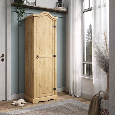 Made of solid pine wood from renewable resources. Color: Brown | August Grove® Brannick Armoire 62.67 H x 21.65 W x 16.18 D in Wood in Brown | 62.67" H X 21.65" W X 16.18" D | Wayfair Narrow Armoire, Solid Wood Armoire, Vintage Armoire, Home Goods Furniture, Wood Armoire, Armoires & Wardrobes, Bedroom Armoire, Trailer Remodel, Furniture Redo