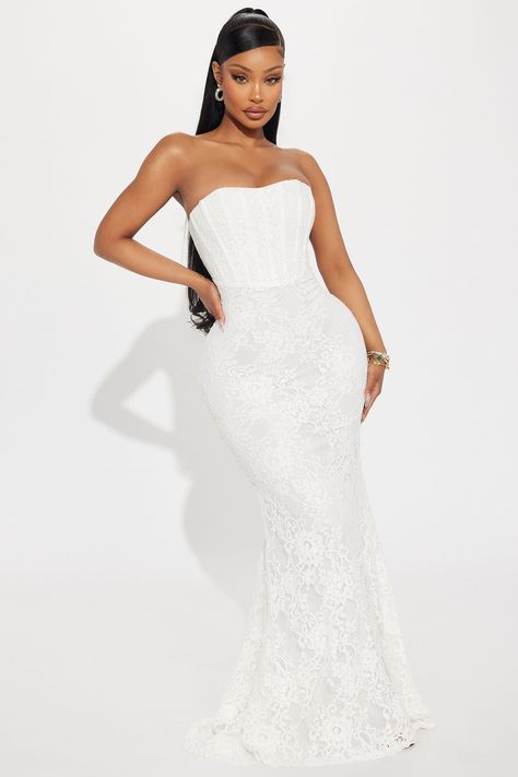 White Long Lace Dress, White Lace Corset Dress With Lace Trim, White Lace Corset Dress With Ruffles, White Strapless Lace Maxi Dress, White Lace Off-shoulder Maxi Dress, White Sleeveless Corset With Lace-up Back, White Lace Dress Long, White Corset Dress, White Lace Maxi Dress