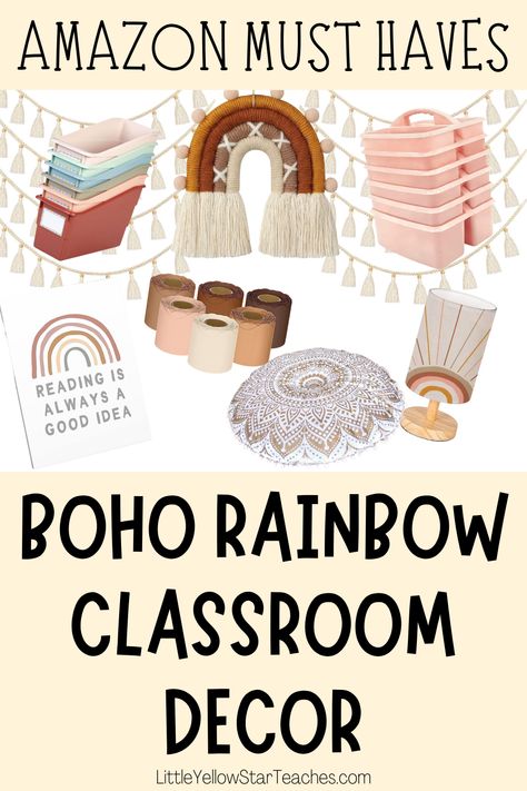 Neutral Rainbow Classroom Decor, Classroom Decor Amazon, Amazon Classroom Decor, Boho Classroom Themes Elementary, Boho Style Classroom, Peaceful Classroom Decor, Boho Classroom Decor Ideas Elementary, Classroom Boho Decor, Boho Reading Corner Classroom