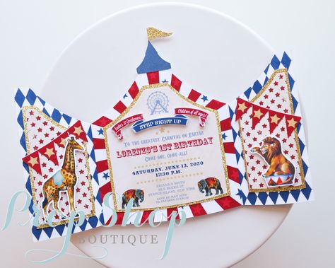 "Designed to impress- THIRTY individual layers make up this gorgeous gate-fold style circus tent invite.  Colors can be changed. Closed invitations measures approximately 6.25\" x 5.3\"; envelopes are included. TO ORDER: Click on the \"Quantity\" drop down arrow Select your desired quantity; pricing will be displayed Enter Invite details in 'personalization box' A proof will be provided within 24-48 hours, Monday thru Friday. Listing includes TWO proof revisions. All items are made to order. Tur Carnival Birthday Theme, Circus Themed Birthday Party, Vintage Carnival Party, Cinderella Birthday Invitation, Circus Gifts, Carnival Tent, Circus Birthday Invitations, Carnival Birthday Invitations, Circus Invitations