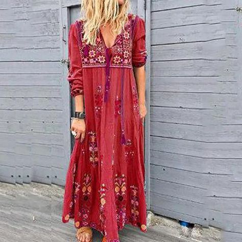 Flowy Sundress, Long Dress Patterns, Plus Size Long Dresses, Long Sleeve Boho Dress, Costume Ball, Necklines For Dresses, Polyester Dress, Maxi Dress Party, Urban Chic