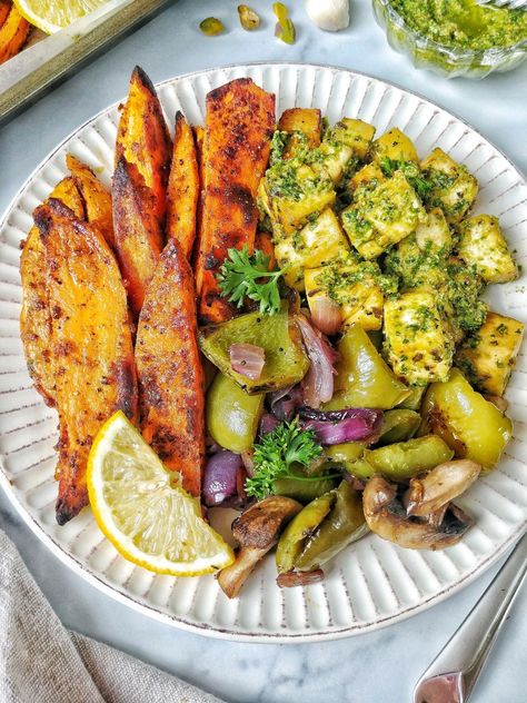 The Best 19 Plant-Based Sheet Pan Dinners | Food Confidence Dinner With Pesto, Tofu Sheet Pan, Sweet Potato Seasoning, Sprouting Sweet Potatoes, Quick Pickled Onions, Winter Veggies, Roasted Sprouts, Pistachio Pesto, Vegan Tofu