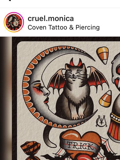 Traditional Kitten Tattoo, Orange And Black Cat Tattoo, Cat American Traditional Tattoo, Cat Tattoo American Traditional, American Traditional Tattoos Animal, Halloween Cat Tattoo, American Traditional Cat Tattoo, American Traditional Cat, Rebirth Tattoos