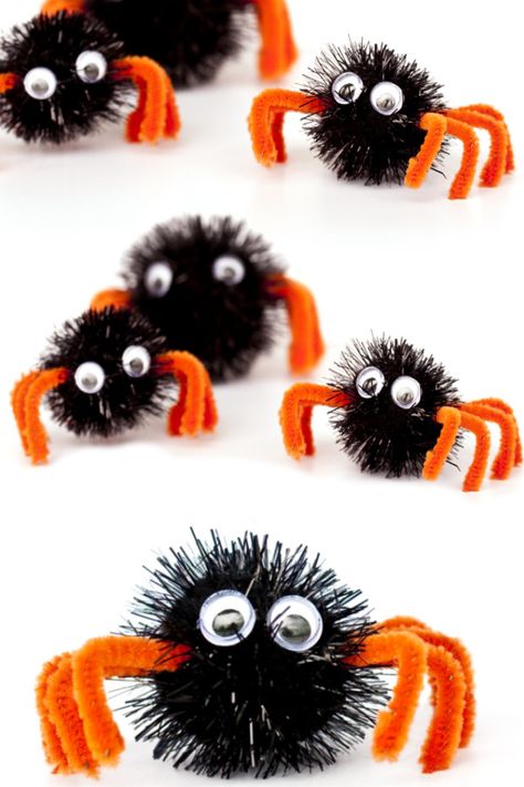 Spider Art Preschool, Pom Pom Spider Craft, Spider Crafts Preschool, Aesthetic Craft Ideas, Pom Pom Spiders, Craft Ideas For Beginners, Spider Activities, Aesthetic Craft, Orange Craft