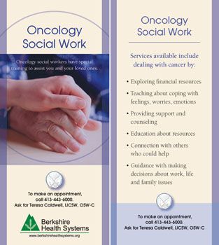 Oncology Social Work rack card for Berkshire Health Systems. Oncology Social Work, Social Work Outfits, Medical Social Work, Social Work Practice, Psychology Careers, Rack Card, Social Awareness, Future Career, Social Worker