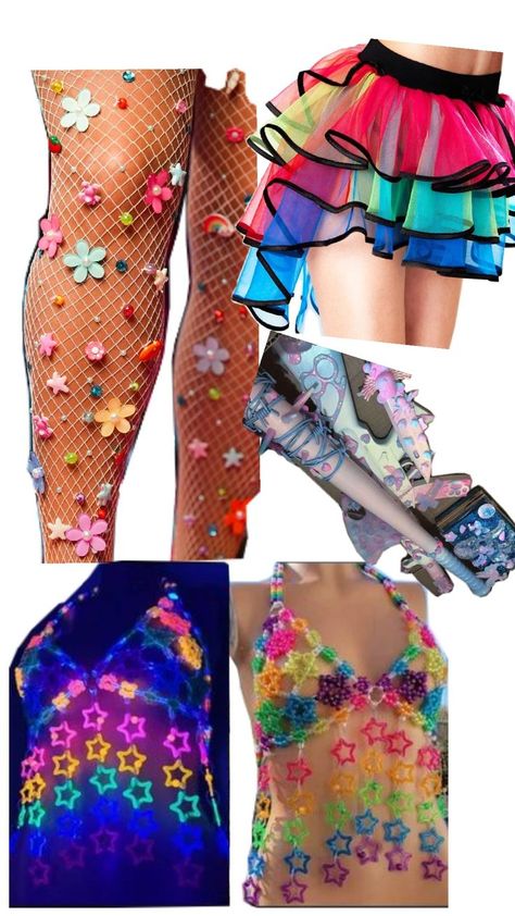 diy rave looks, costumes, diy clothing, diy fit inspo Rave Festival Outfit Ideas Plus Size, Rave Outfit Sewing Patterns, Neon Rave Outfits Ideas, Rave Outfits Aesthetic, Rainbow Rave Outfit, Diy Rave Outfits, Rave Festival Outfit Ideas, Colorful Rave Outfit, Neon Rave Outfits