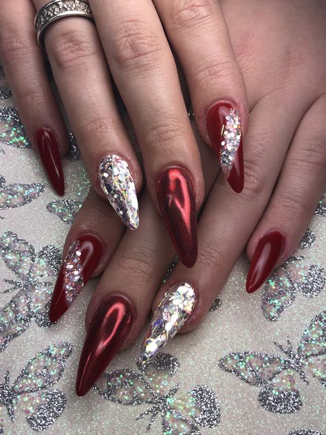 Red holo chrome Holiday Chrome Nails Designs, Red Silver Christmas Nails, Red And Silver Chrome Nails, Red Chrome Nails Acrylic Christmas, Red Crome Nails Acrylic, Red Chrome Nails With Rhinestones, Red Chrome Nails With Snowflake, Red And Silver Holiday Nails, Red Chrome Christmas Nails