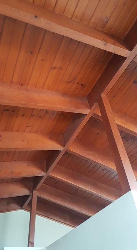 Orange Wood Ceiling, Painted Wood Ceiling, Paint The Ceiling, Ceiling Painted, Midcentury House, Mid Century Ceiling, Plank Ceiling, Timber Ceiling, Wooden Ceiling