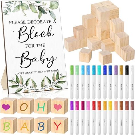 Amazon.com: Tatuo 75PCS Baby Shower Games Sign Kit Including Decorate a Block Game Sign 50PCS DIY Blank Wooden Block 24PCS Acrylic Paint Marker Baby Shower Prize for Game Winners Gender Reveal Party(Greenery) : Toys & Games Baby Shower Prize, Decorate A Block, Block Games, Boho Baby Shower Decorations, Games Sign, Baby Blocks Baby Shower, Fiesta Shower, Baby Shower Boho, Shower Prizes