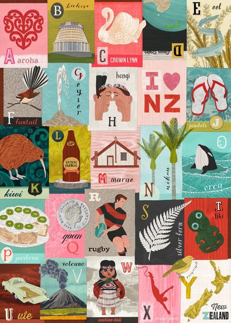 NZ Alphabet gift wrap by Tanya Wolfkamp, published by Live Wires NZ Ltd. New Zealand Maori Art, Nz Art Kiwiana, New Zealand Illustration, Kiwiana Art, Alphabet Gifts, Maori Designs, Nz Art, New Zealand Art, Jr Art