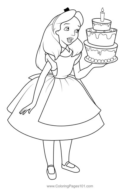 Princess Alice with Birthday Cake Coloring Page Coloring Pages Alice In Wonderland, Birthday Cake Coloring Page, Alice In Wonderland Coloring Pages, Alice In Wonderland Coloring, Cake Coloring, Alice And Wonderland Tattoos, Printable Princess, Wonderland Tattoo, Alice In Wonderland Birthday