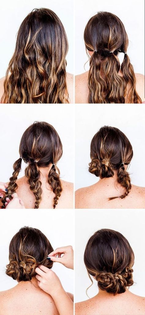 Chongo de trenzas. Divide tu cabello en 3 mechones, trénzalos y luego haz 3 chongos enroscando cada una de ellas. Sanggul Modern, Quick Braids, Chignon Bun, Hair Hack, Hairstyle Tutorials, Peinados Recogidos, Easy Hairstyle, Peinados Fáciles Para Cabello Corto, Easy Summer Hairstyles