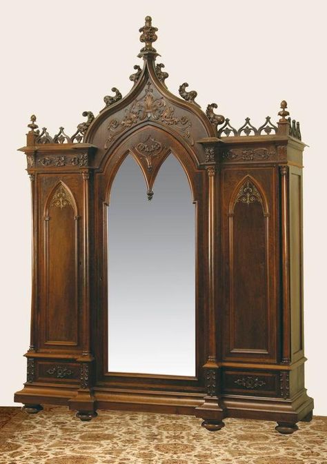 Gothic Armoire, Gothic Revival Furniture, Gothic Furniture Diy, Victorian Gothic Decor, Stained Glass Windows Church, Gothic Buildings, Victorian Bedroom, Gothic Furniture, Gothic Revival