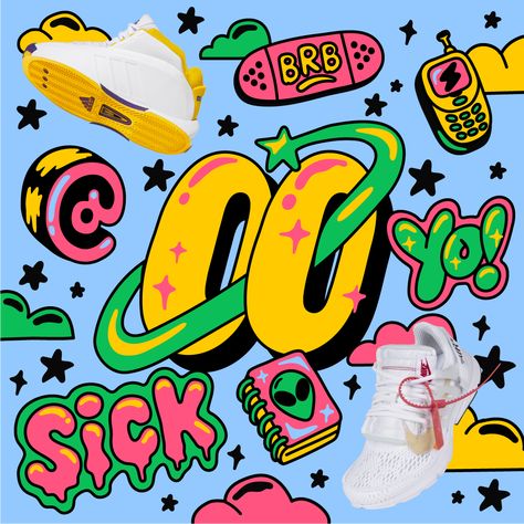 Lebassis' bold & graphic design style bursts through the campaign, created to highlight the range of sneaker styles available on eBay, with consumers able to shop iconic styles from the 90s & 00s ✨🌈 👽️⁠ #illustration #design #illustrator #illustrate #lettering #handlettering #typography #type #typedesign #logo #logodesign #creative #campaign #preloved #resell #90s #retro #vintage #sneakers #nostalgia #ebay #art #artwork Western Typography, 90s Graphic Design, Creative Campaign, Sneakers Illustration, Animation Production, Graphic Design Style, Poster Design Layout, Retro Graphic Design, Animation Character