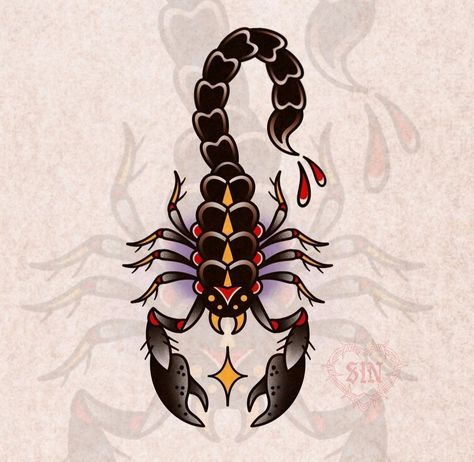 Traditional Tattoo Cross, Scorpion Tattoo Design, Skull Art Tattoo, Traditional Tattoo Inspiration, Scorpio Tattoo, Insect Tattoo, Scorpion Tattoo, Nautical Tattoo, Spooky Tattoos