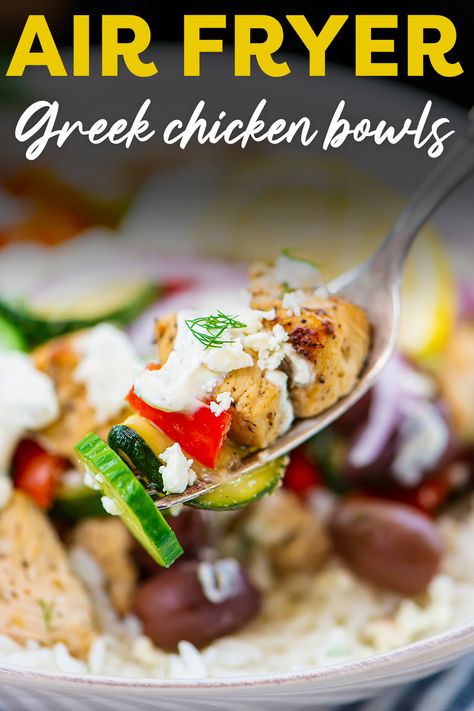 Air Fryer Greek Chicken Bowls Greek Chicken Power Bowls, Low Carb Greek Chicken Bowls, Weight Watchers Greek Chicken Bowl, Greek Chicken Meal Prep Rice Bowls, Air Fryer Greek Chicken, Mediterranean Chicken Bowl, Greek Chicken Bowls, Greek Meatball Bowl Skinnyish, Homemade Greek Dressing