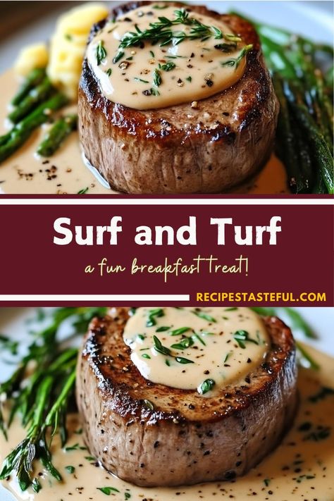 Indulge in a classic Surf and Turf dish featuring perfectly seared filet mignon and tender lobster tails, all topped with a rich hollandaise sauce. This elegant recipe is perfect for special occasions or a luxurious dinner at home. Surf And Turf Dinner, Seared Filet Mignon, Luxurious Dinner, Filet Mignon Steak, How To Cook Lobster, Surf And Turf, Seared Steak, Hollandaise Sauce, Lobster Tails