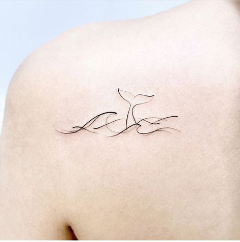 Dolphin Tail Tattoo, Small Ocean Tattoos, Sunset Tattoo Minimalist, Whale Tattoo Design, Whale Tail Tattoo, Mermaid Tattoo Designs, Whale Tattoo, Small Girly Tattoos, Sunset Tattoos