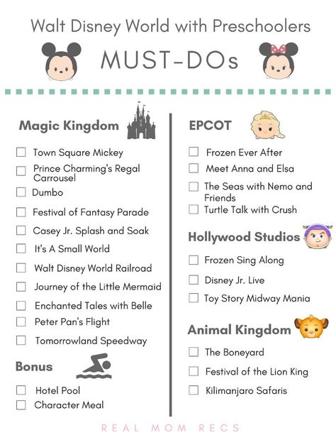 Disney World with preschoolers. Printable checklist of the best Disney World attractions for ages 2-5 so you don't miss any of their favorites! Disney Hacks, Disney World With Toddlers, Disney Trip Surprise, Disney World Attractions, Disney World Packing, Disney Planner, Disney Florida, Disney Board, Disney World Vacation Planning