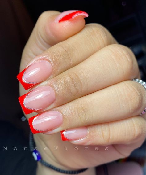 Nails Inspiration French Tip Square, Red And Silver Tip Nails, Square Nail Christmas Designs, Red French Tip Nails With Gold Line, Red French Tip With Silver Line, Red French Tip Nails With Gold, Red French Nails With Glitter, Red French With Glitter, Red Glitter French Tip Nails Square