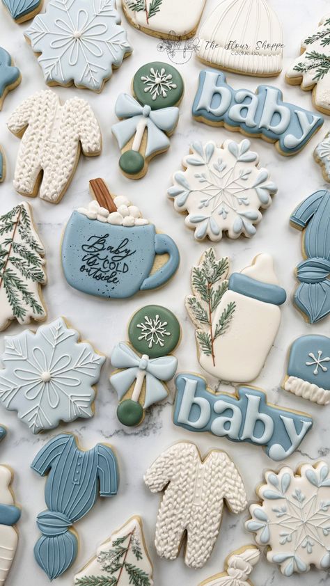 Winter Snow Baby it's Cold outside Cookies. Blue and green winter forest. Perfect for Baby Shower Party Favors, Desserts,and Food. Custom Decorated royal icing sugar cookies by The Flour Shoppe Cookie Co located in Omaha Nebraska 2024 Boy Baby Shower Ideas, Winter Shower Theme, Baby It's Cold Outside Baby Shower Cookies, Winter Gender Reveal Cake, Baby It’s Cold Outside Gender Reveal Ideas, Baby It’s Cold Outside Sugar Cookies, Boy Baby Shower Winter Theme, Winter Woodland Cookies, Baby Shower Themes Winter Boy