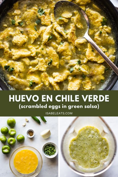 looking at a skillet of huevo en chile verde with a spoon in it. Chile Verde Recipe, Isabel Eats, Mexican Comfort Food, Homemade Salsa Verde, Fit Foods, Omelets Recipe, Verde Recipe, Gluten Free Vegetarian Recipes, Mexican Breakfast Recipes