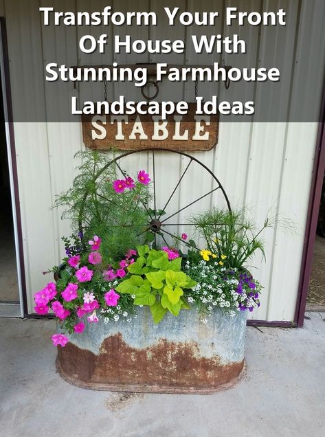 Looking to enhance your front of house? Explore these farmhouse landscape ideas to create a stunning outdoor space. From charming flower beds to rustic pathways, these front of house landscape ideas will elevate your curb appeal effortlessly. Check out these inspirational farmhouse designs now! Farmhouse Front Garden, Landscape Ideas Farmhouse, Farmhouse Landscape Ideas, Farmhouse Front Yard Landscaping Ideas, Front Of House Landscape Ideas Farmhouse, Farm Landscaping Ideas, Ranch Landscaping Ideas, Farmhouse Landscaping Ideas, Rustic Pathways